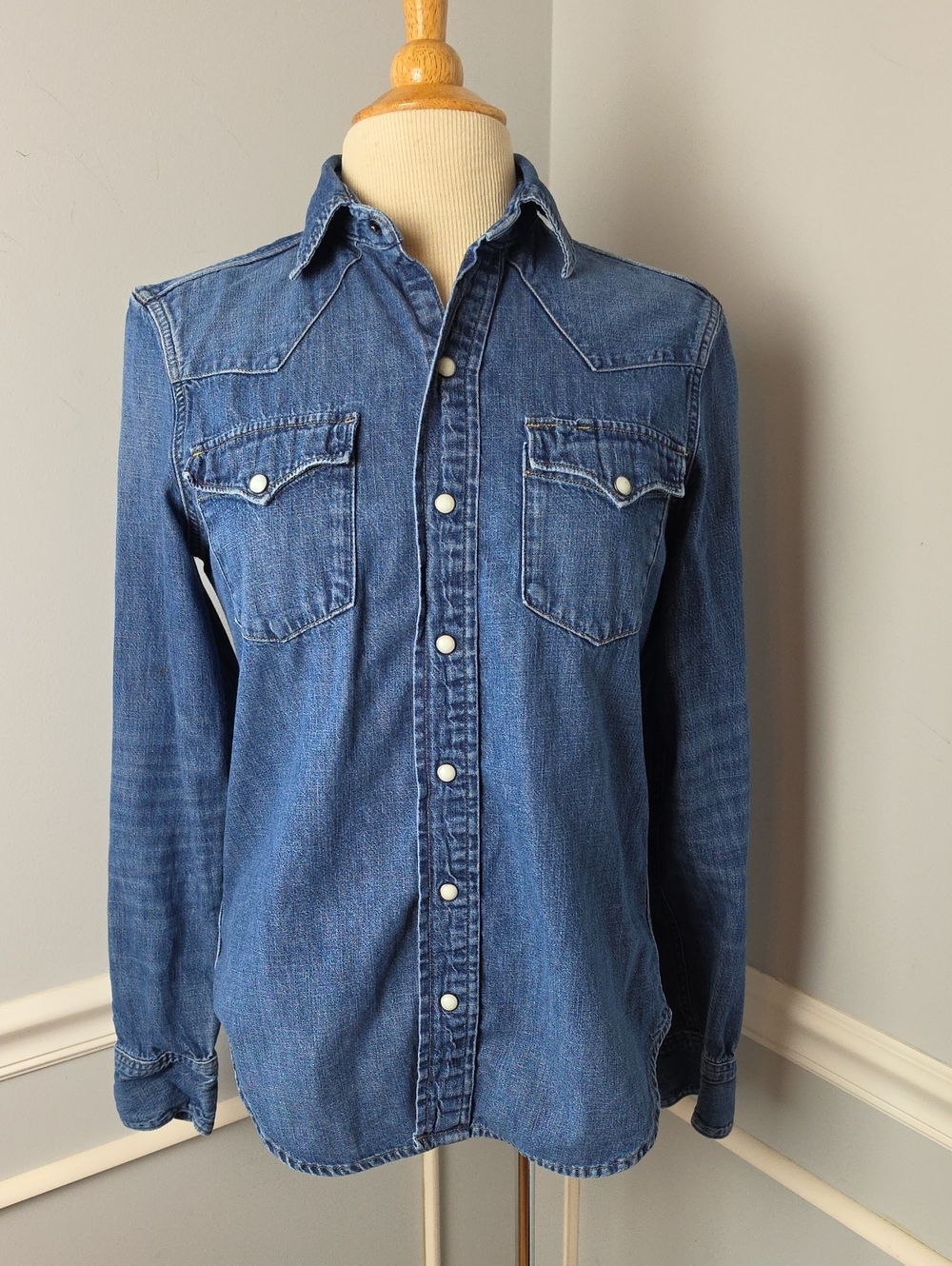 POLO RALPH LAUREN VTG Blue Denim Pearl Snap Western Rodeo 100% Cotton Shirt S